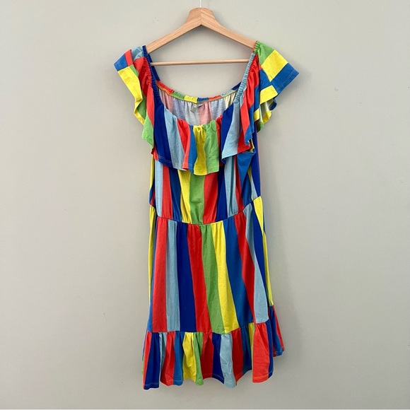 ASOS Women’s Rainbow Pride Striped Ruffled Casual Off Shoulder Dress Size 14 - Picture 6 of 8